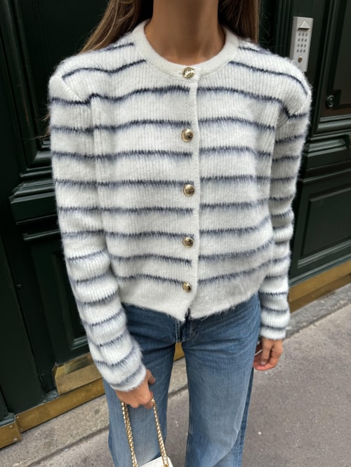 Lacivert Çizgili Gold Düğmeli Tüylü Hırka