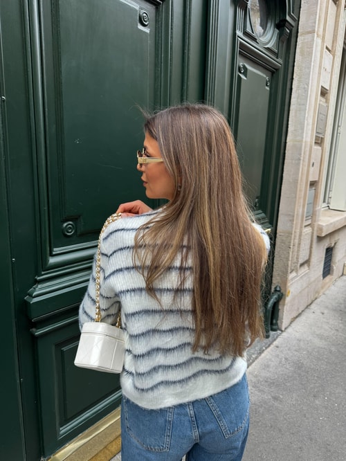 Lacivert Çizgili Gold Düğmeli Tüylü Hırka