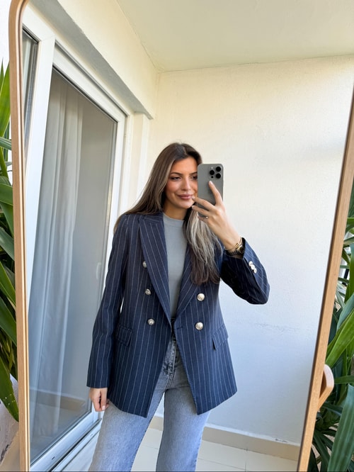 Lacivert Çizgili Gri Düğmeli Blazer