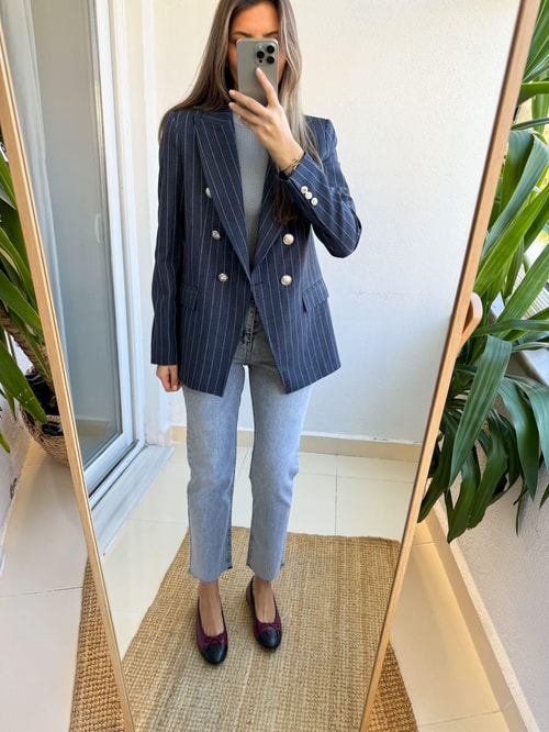 Lacivert Çizgili Gri Düğmeli Blazer