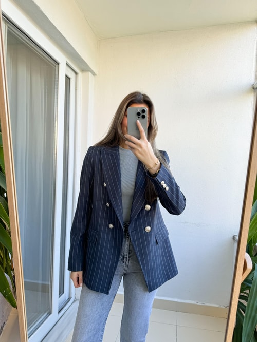 Lacivert Çizgili Gri Düğmeli Blazer