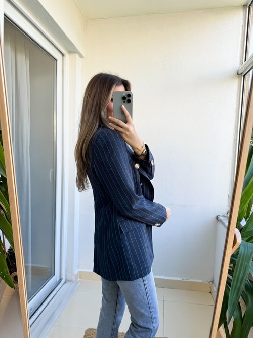 Lacivert Çizgili Gri Düğmeli Blazer