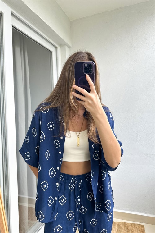 Lacivert Desenli Gömlek Pantolon Takım