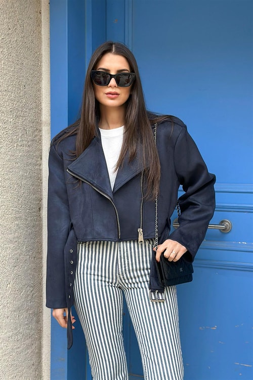 Lacivert Süet Biker Ceket