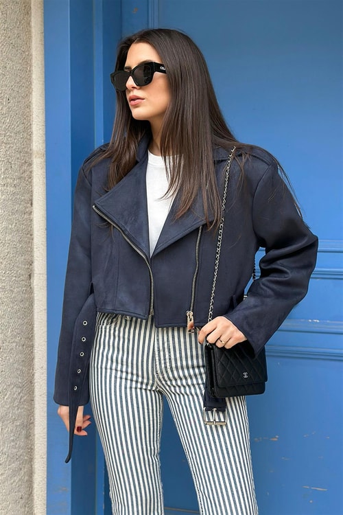 Lacivert Süet Biker Ceket