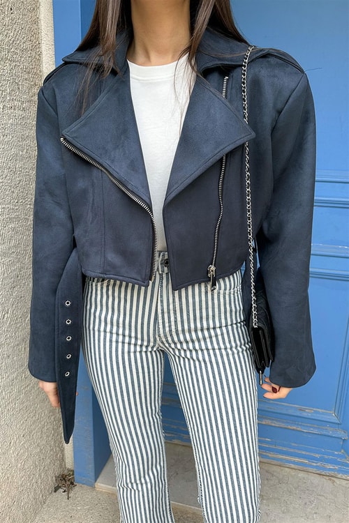 Lacivert Süet Biker Ceket