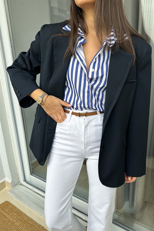 Lacivert Süs Cepli Oversize Blazer Ceket