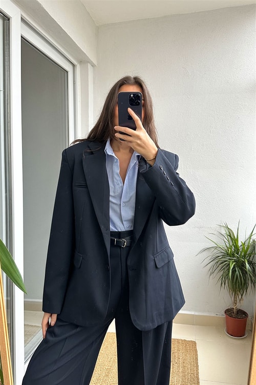 Lacivert Süs Cepli Oversize Blazer Ceket