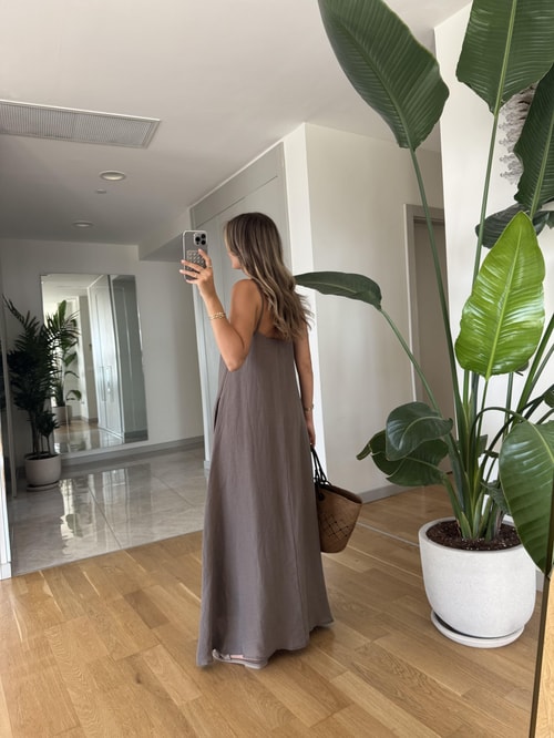 Ladon Askılı Keten Maxi Elbise - Vizon