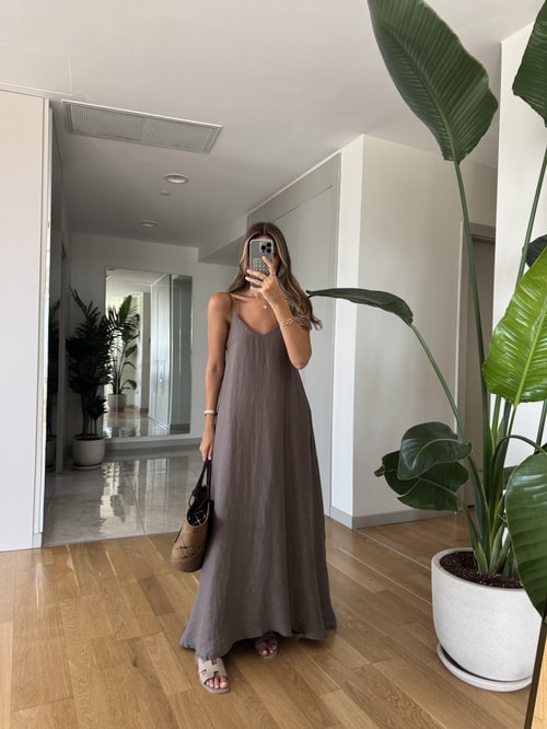 Ladon Askılı Keten Maxi Elbise - Vizon