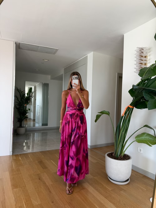 Larisa Çapraz Askılı Desenli Elbise - Fuşya
