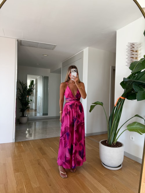 Larisa Çapraz Askılı Desenli Elbise - Fuşya