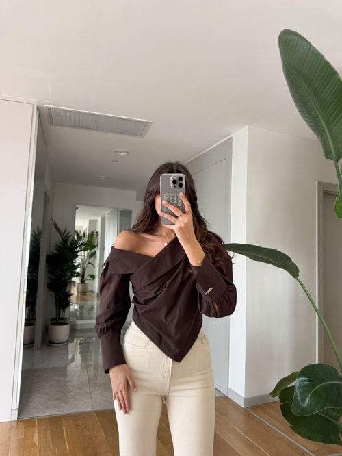 Larry Düşük Omuzlu Gömlek - Kahve