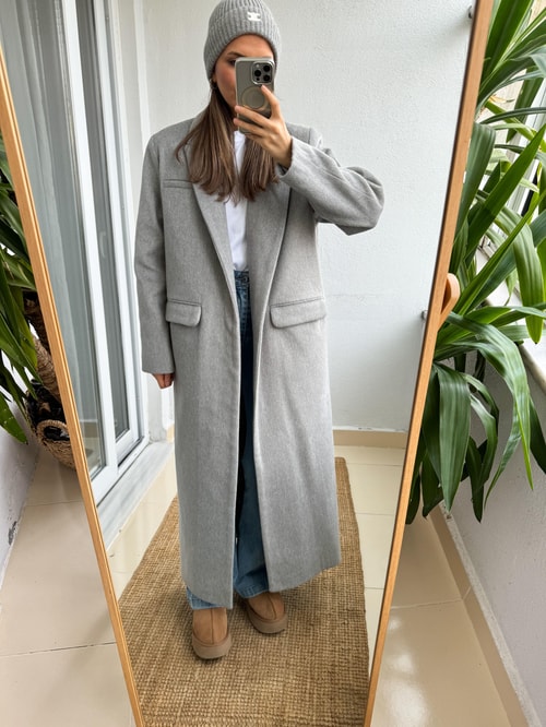 Lauren Kaşmir Dokulu Maxi Kaban-Gri