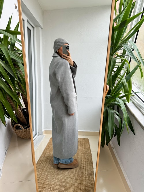 Lauren Kaşmir Dokulu Maxi Kaban-Gri
