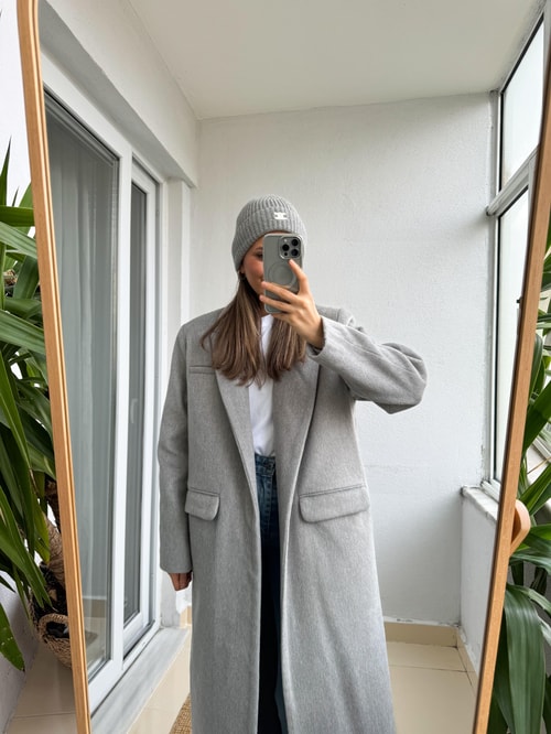 Lauren Kaşmir Dokulu Maxi Kaban-Gri