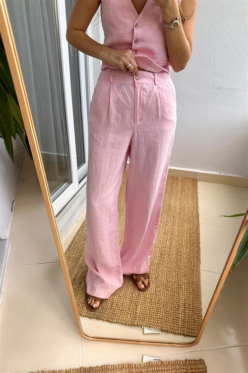 Lavin Premium Keten Pantolon-Pembe