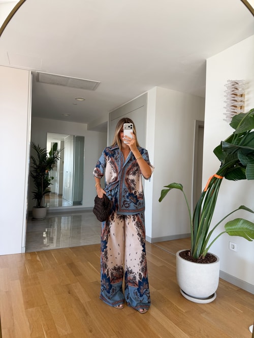 Leda Kısa Kollu Saten Takım - Mavi 
