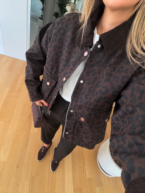 Leopar Desen Kadife Yaka Ceket