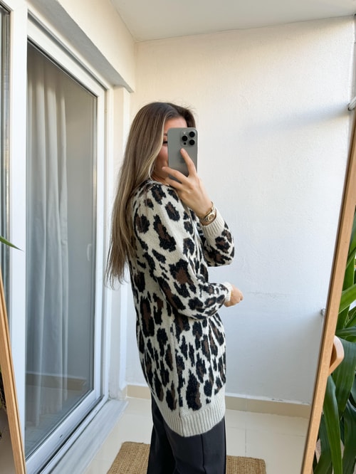 Leopar Desenli Düğmeli Hırka