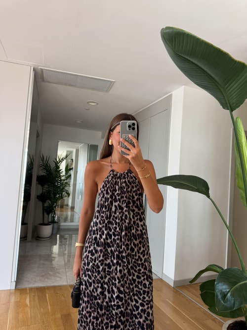 Leopar Desenli Halter Yaka Elbise
