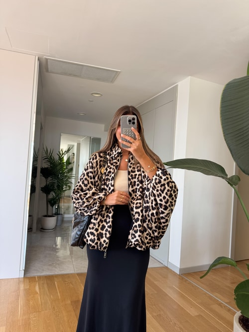 Leopar Desenli Saten Bomber Ceket