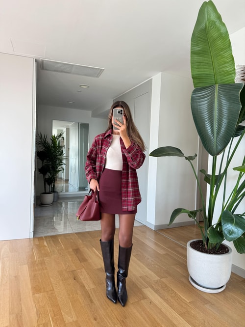 Lero Düz Kesim Mini Etek-Bordo