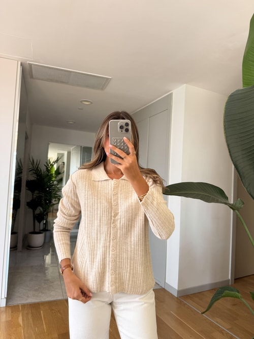 Lia Polo Yaka Düğmeli Hırka - Ekru