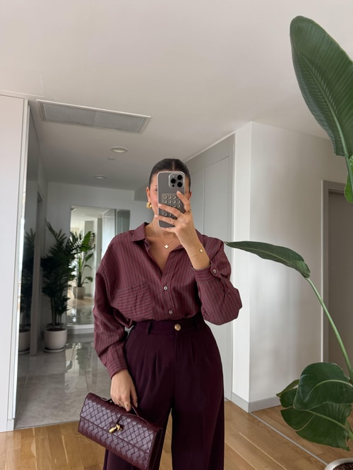 Lia Tek Cepli Çizgili Gömlek - Bordo