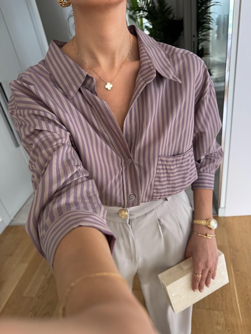 Lia Tek Cepli Çizgili Gömlek - Mor