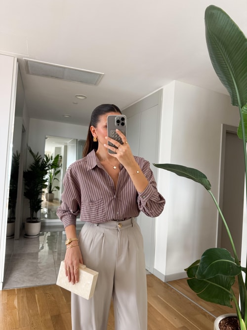 Lia Tek Cepli Çizgili Gömlek - Mor