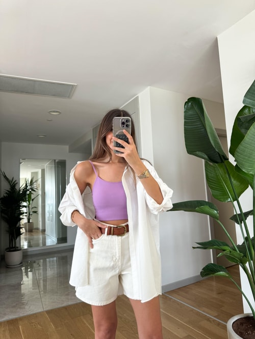 Lila Askılı Crop Bluz