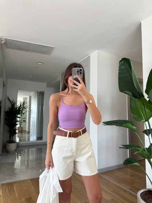 Lila Askılı Crop Bluz