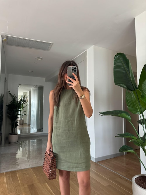 Lilly Basic Keten Elbise-Haki