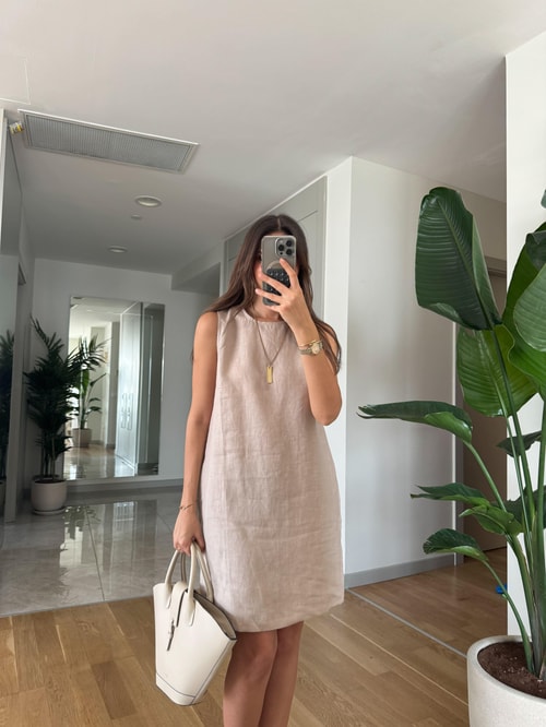 Lilly Basic Keten Elbise-Taş