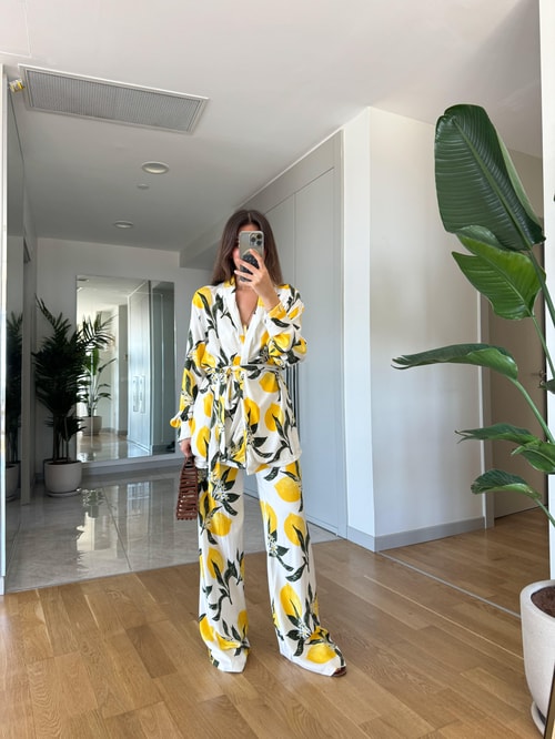 Limon Desenli Kimono Pantolon Takım