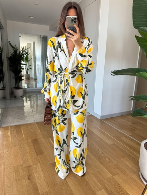 Limon Desenli Kimono Pantolon Takım