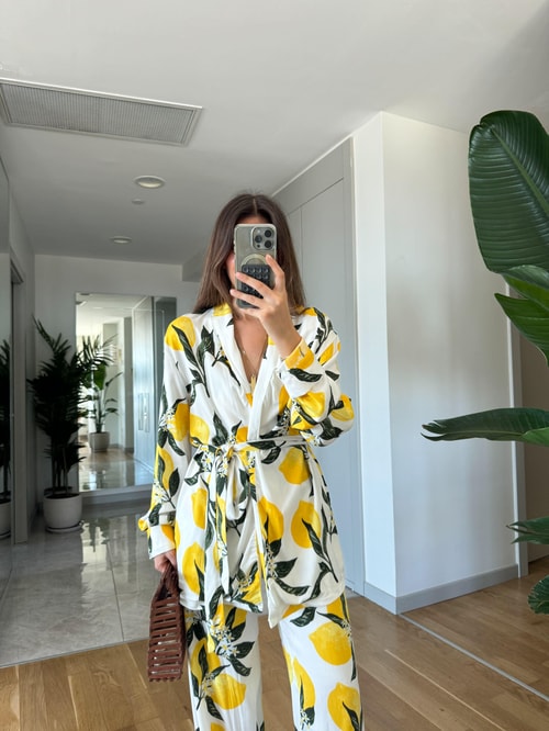 Limon Desenli Kimono Pantolon Takım