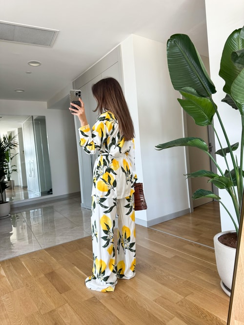 Limon Desenli Kimono Pantolon Takım