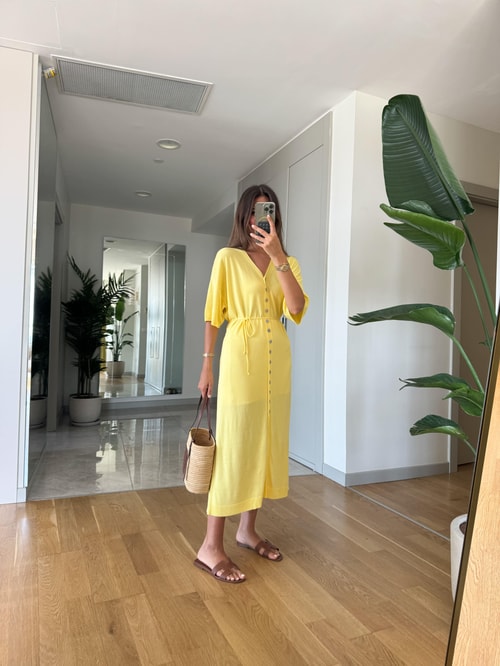 Limon Sarı Beli İpli Düğmeli Triko Elbise