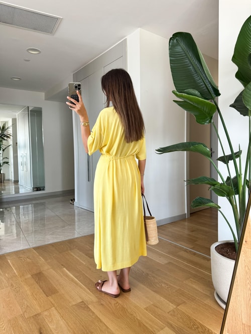Limon Sarı Beli İpli Düğmeli Triko Elbise