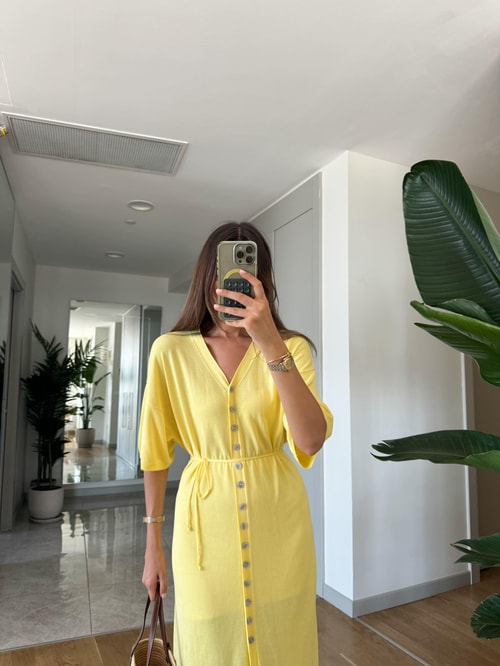 Limon Sarı Beli İpli Düğmeli Triko Elbise