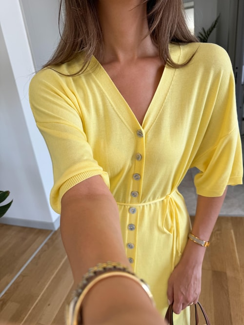 Limon Sarı Beli İpli Düğmeli Triko Elbise