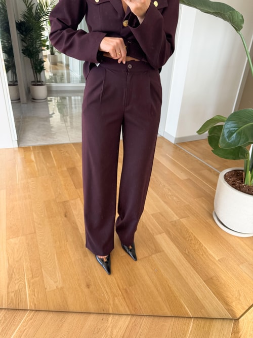 Lisa Gold Düğmeli Kemerli Ceket Pantolon Takım- Mürdüm