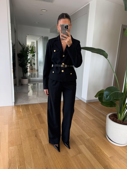 Lisa Gold Düğmeli Kemerli Ceket Pantolon Takım- Siyah