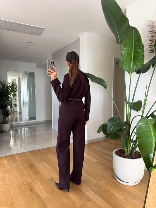 Lisa Gold Düğmeli Kemerli Ceket Pantolon Takım- Mürdüm