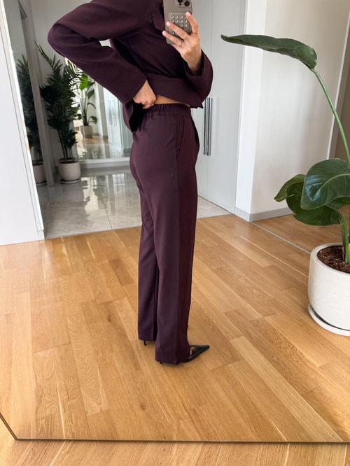 Lisa Gold Düğmeli Kemerli Ceket Pantolon Takım- Mürdüm