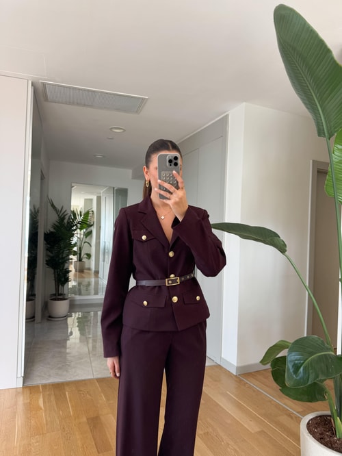 Lisa Gold Düğmeli Kemerli Ceket Pantolon Takım- Mürdüm