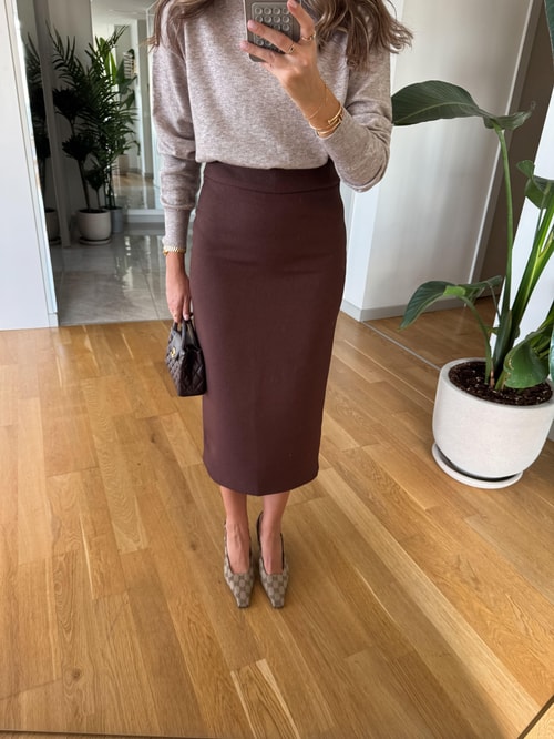 Lora Arka Yırtmaçlı Kalem Etek - Kahve