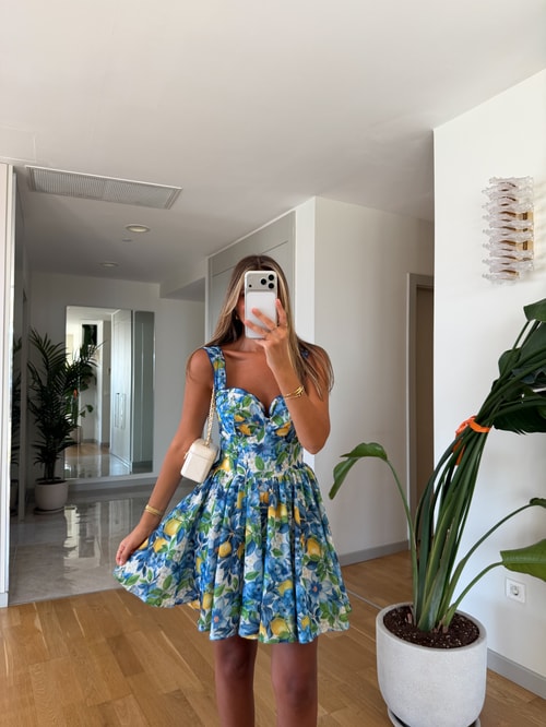 Lucy Desenli Mini Elbise - Mavi 